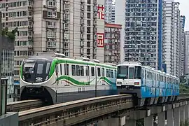 A 8-car train and 4-car train in Yangjiaping Station