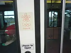 Calgary Transit C-train U2 Duewag door emblazoned with logo of the 1988 Winter Olympics.