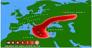 Map of Europe showing a red splotch over the Italian Peninsula stretching out to the east over Central Russia and over the Aegean and Ionic Seas, 50&nbsp;cm of ash centring, decreasing to 10cm beyond, and steadily decreasing to 0