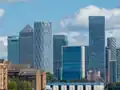 Skyscrapers in Canary Wharf, seen from Shad Thames in 2021.