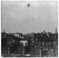 Balloon of Henri Giffard over Paris rooftops, 1878.