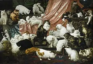 My Wife's Lovers (1891), Carl Kahler.  Painting featuring Persian and Angora cats sold for more than $820,000 at Sotheby's.[81]