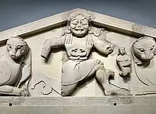 An archaic Gorgon (around 580&nbsp;BC), as depicted on a pediment from the temple of Artemis in Corfu, on display at the Archaeological Museum of Corfu