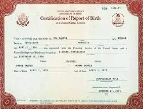 A State Department certification of report of birth, issued between 1990 and 2010.