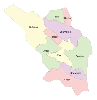 Location of Ben County in&nbsp;Chaharmahal and Bakhtiari&nbsp;province (top, green)