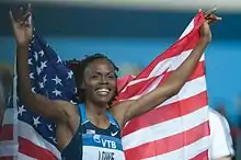 Chaunté Lowe celebrating her win after the high jump.