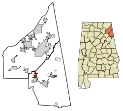 Location of Sand Rock in Cherokee County and DeKalb County, Alabama.