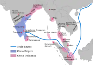 Map showing the greatest extent of the Chola empire c. 1030 under Rajendra I: territories are shown in blue, subordinates and areas of influence are shown in pink.