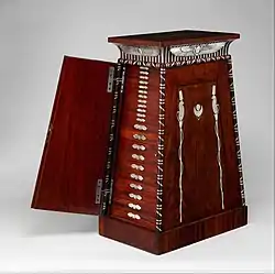Egyptian Revival coin cabinet; 1809–1819; mahogany (probably Swietenia mahagoni), with applied and inlaid silver; 90.2 x 50.2 x 37.5&nbsp;cm; Metropolitan Museum of Art