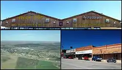 Top: Czech Stop & Little Czech Bakery, Bottom Left: Aerial view of the town of West, Texas — looking northeast, Bottom Right: View from Oak Street
