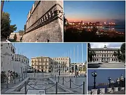 From top, left to right: Norman-Swabian Castle. Top right: night in Pane e Pomodoro Beach. Bottom left: Ferrarese Square. Bottom upper right: Bari University in Andrea da Bari street. Bottom lower right: view of Punta Perotti seaside area.