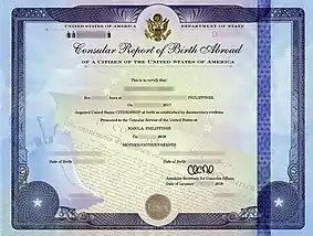 A State Department consular report of birth abroad, issued beginning 2011.