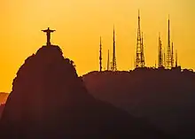 Corcovado and Christ the Redeemer as seen from Sugarloaf Mountain during sunset.