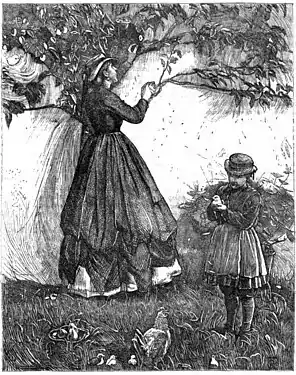 She is gathering pears in the garden