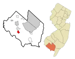 Map of Cedarville, highlighted within Cumberland County. Right: Location of Cumberland County in New Jersey.