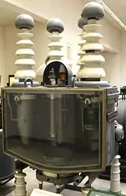 Cut-away model of early high-voltage steel-tank rectifier rated at 50&nbsp;kV, 30&nbsp;A