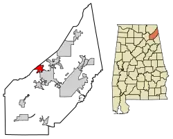Location of Powell in DeKalb County, Alabama.