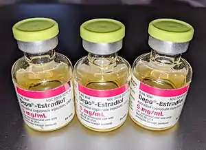 Depo-Estradiol 5&nbsp;mg/mL (estradiol cypionate in oil solution) vials. Used by depot intramuscular injection.