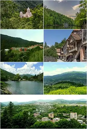 From top left:Haghartsin Monastery&nbsp;• Lake ParzUWC Dilijan&nbsp;• Sharambeyan street of old DilijanDowntown Dilijan&nbsp;• Dilijan skylinePanoramic view of Dilijan
