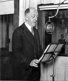 Image 10"Doc" Herrold is shown at the microphone of KQW, early 1920s. (from History of broadcasting)