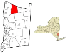 Left: Map of Dutchess County, New York with Milan highlighted.Right: Map of New York State with Dutchess County highlighted.