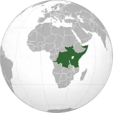 An orthographic projection of the world, highlighting the proposed East African Federation's territory (green), Somalia joined the East African Community in 2023