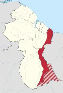Map of Guyana showing East Berbice-Corentyne region (including disputed area)