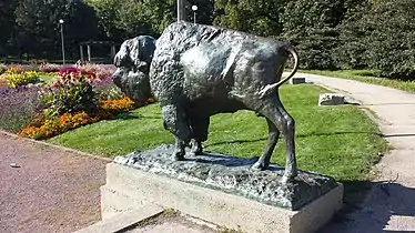 Bronze Bison Sculpture at Humboldt Park Formal Garden in Chicago