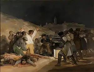 The Third of May 1808; by Francisco Goya; 1814; oil on canvas; 2.68 × 3.47&nbsp;m; Museo del Prado (Madrid, Spain)