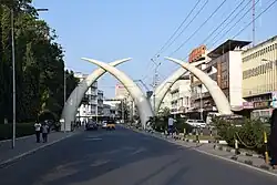 Mombasa tusks Monument over Moi Avenue, a major thoroughfare in Mombasa.