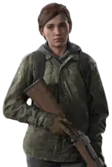 Artwork of a 19-year-old girl with brown hair. She is wearing winter clothes, holding a sniper rifle, and looking at something in front of her.