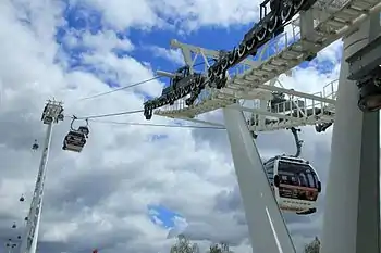 Image 47Gondolas of the Emirates Air Line cable car cross the River Thames from Greenwich Peninsula to Royal Docks.