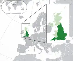 Location of&nbsp;England&nbsp;(dark green)–&nbsp;in Europe&nbsp;(green &&nbsp;dark grey)–&nbsp;in the United Kingdom&nbsp;(green)