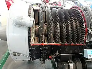 Rolls-Royce Avon high aspect ratio (narrow) compressor blading typical in military engines until the 1970's.