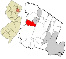 Location of Roseland in Essex County highlighted in red (right). Inset map: Location of Essex County in New Jersey highlighted in orange (left).