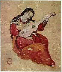 Painting from Momoyama period (1573-1615) by Hasegawa Nobukata of a European woman playing a viola de mano.