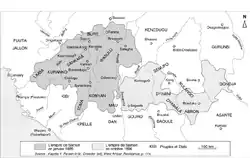 Wassoulou Empire in 1885 and 1896, showing the movement east after the fall of Bissandougou.