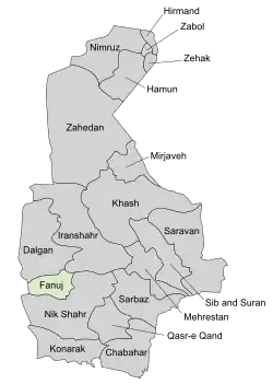 Location of Fanuj County in Sistan and Baluchestan province