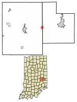 Location of Glenwood in Fayette County and Rush County, Indiana.