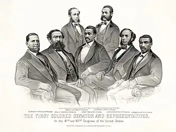 Image 15First American Colored Senator and RepresentativesLithograph: Currier and Ives; Restoration: Adam CuerdenAn 1872 lithograph depicting seven early African Americans in the United States Congress, (from left to right) Senator Hiram Revels and Representatives Benjamin Turner, Robert DeLarge, Josiah Walls, Jefferson Long, Joseph Rainey, and Robert Elliott. During the Reconstruction Era following the Civil War, some several hundred African-American officeholders were elected&nbsp;– all of whom were members of the Republican Party.More selected pictures