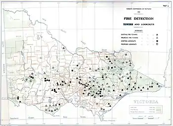 Forests Commission Victoria - network of fire lookouts (hilltop clearings) and fire tower structures - 1945. Mt Nugong was a lookout.
