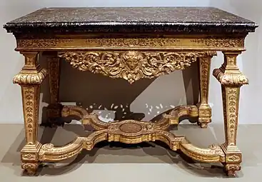 Baroque pier table; 1685–1690; carved, gessoed, and gilded wood, with a marble top; 83.6 × 128.6 × 71.6&nbsp;cm; Art Institute of Chicago (US)