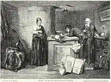 A woman with a baby in her arms is hesitantly pawning her wedding ring while the pawnbroker and his assistant look on pityingly