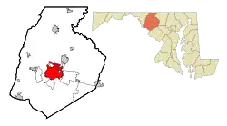 Location of Frederick in Frederick County, Maryland (left) and of Frederick County in the Maryland (right)