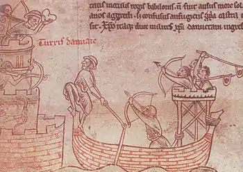 Hayo van Wolvega attacks the tower of Damietta with a flail during the 5th crusade