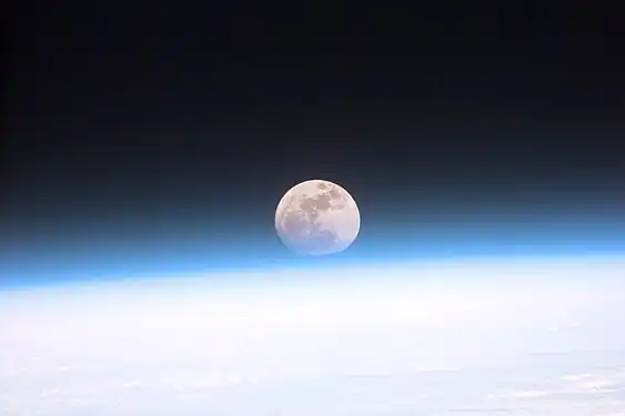 Image 70Astronauts aboard the Space Shuttle Discovery recorded this rarely seen phenomenon of the full Moon partially obscured by the atmosphere of Earth. The image was recorded with an electronic still camera at 15:15:15 GMT, Dec. 21, 1999. (Credit: NASA.) (from Portal:Earth sciences/Selected pictures)
