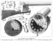 Image 25Louis Poyet&nbsp;[fr]'s engraving of the mechanism of the "fusil photographique" as published in La Nature (april 1882) (from History of film technology)