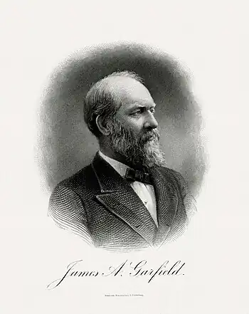 Image 13James A. GarfieldCredit: Bureau of Engraving and Printing; restored by Andrew ShivaJames A. Garfield (November&nbsp;19, 1831 – September&nbsp;19, 1881) was the 20th president of the United States, serving from March&nbsp;4, 1881, until his death by assassination six and a half months later. He had been shot at the Baltimore and Potomac Railroad Station in Washington, D.C., on July&nbsp;2 that year by Charles J. Guiteau, a disgruntled office seeker. According to some historians, Garfield might have survived his wounds had the doctors attending him had at their disposal today's medical research and techniques. Instead, they probed the wound with unsterilized fingers and equipment, trying to locate the bullet, and the resulting infection was a significant factor in his death.This picture is a line engraving of Garfield, produced around 1902 by the Department of the Treasury's Bureau of Engraving and Printing (BEP) as part of a BEP presentation album of the first 26 presidents, which was reportedly given to Treasury Secretary Lyman J. Gage.More selected pictures
