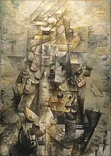 Georges Braque, 1911–12, Man with a Guitar (Figure, L'homme à la guitare), oil on canvas, 116.2 × 80.9&nbsp;cm (45.75 × 31.9 in), Museum of Modern Art, New York