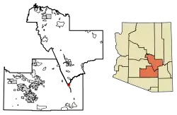 Location of Winkelman in Gila County and Pinal County, Arizona